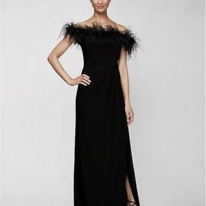 Stretch Matte Jersey Feather Off-the-Shoulder Cap Sleeve Ruched Front Slit Gown